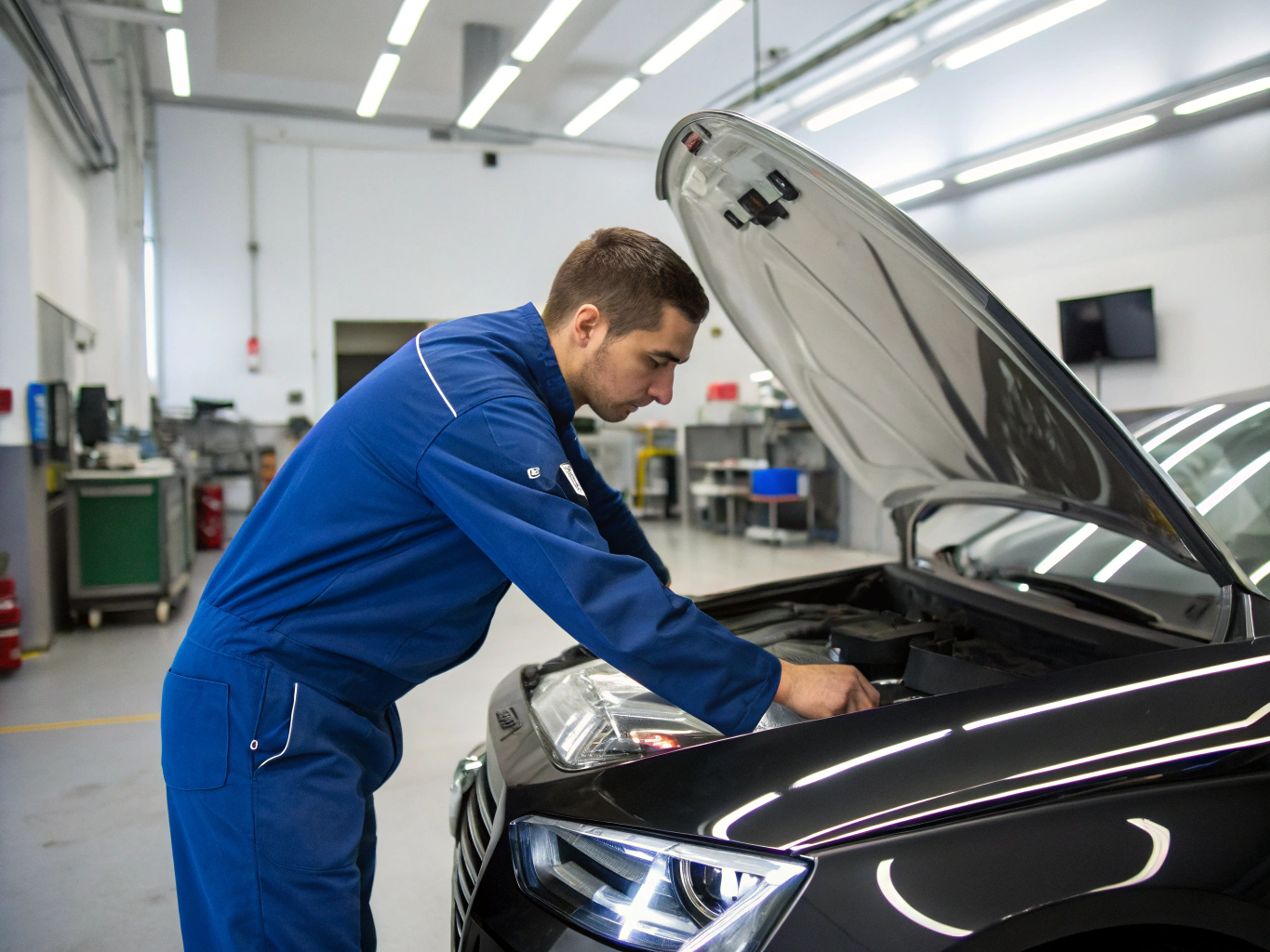 Technician installing precision fuel injector in vehicle engine bay
