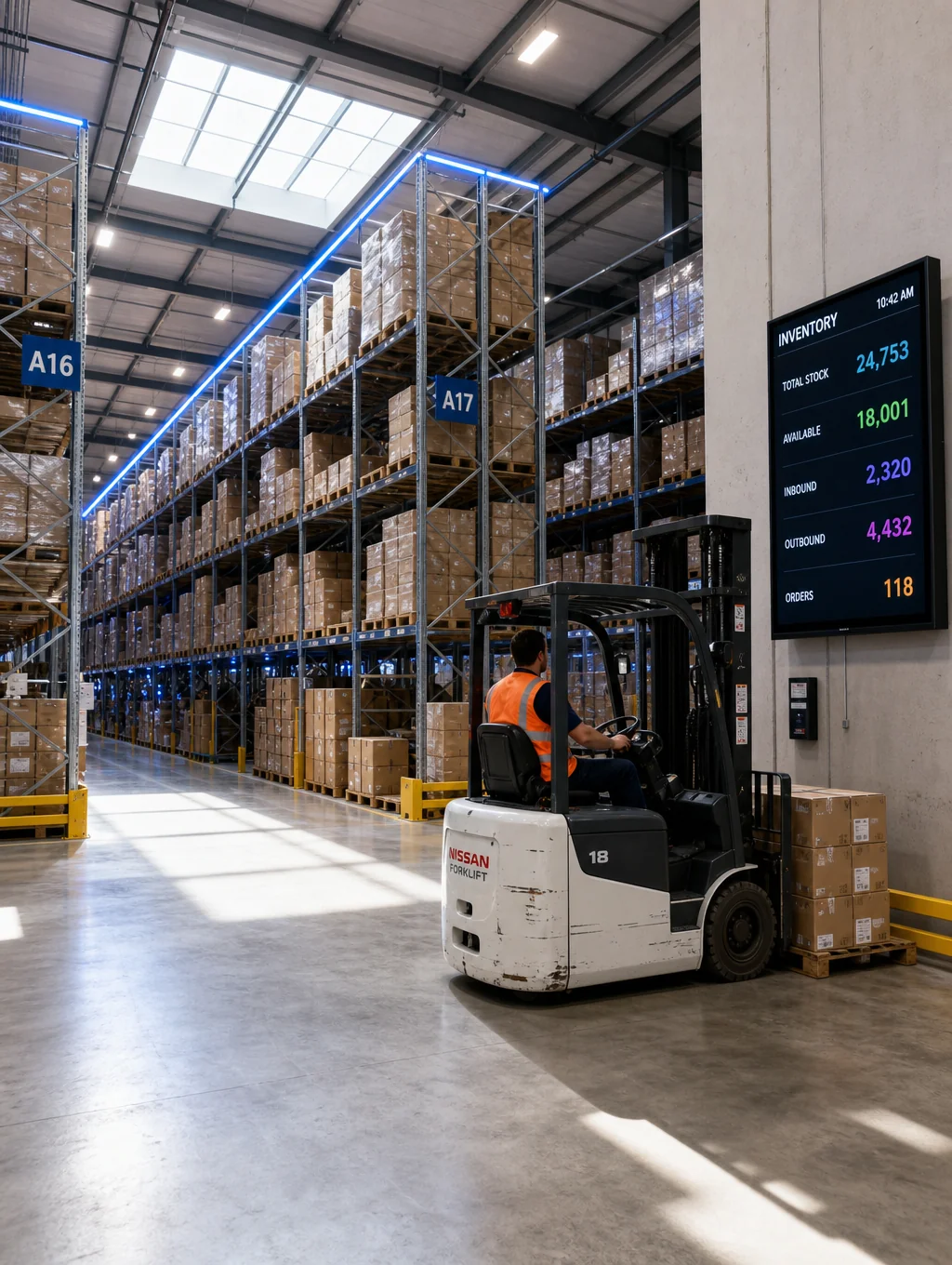 Warehouse shelves organized with boxed automotive replacement parts