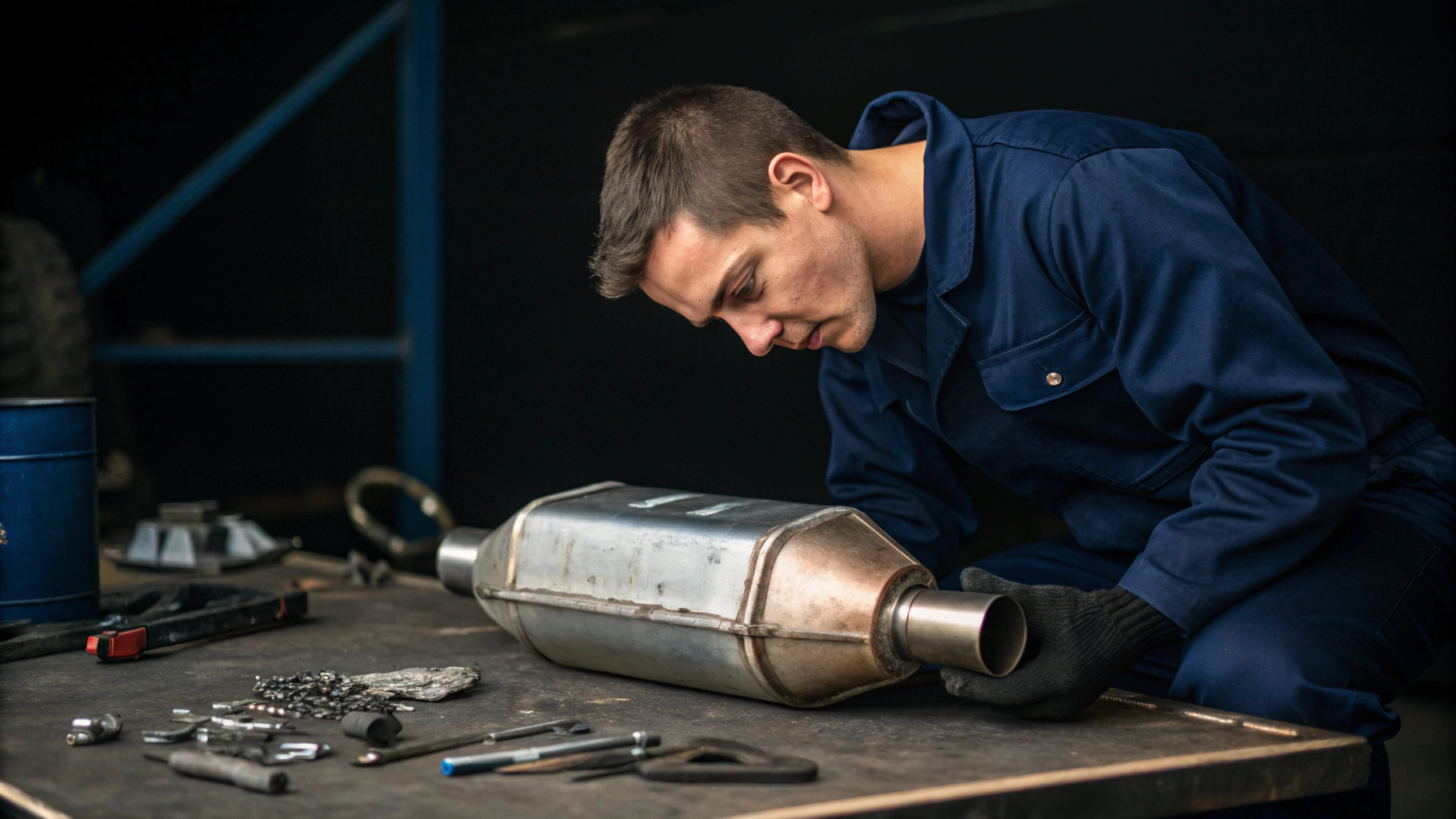 Stainless steel exhaust piping and catalytic converter on a clean workshop assembly bench