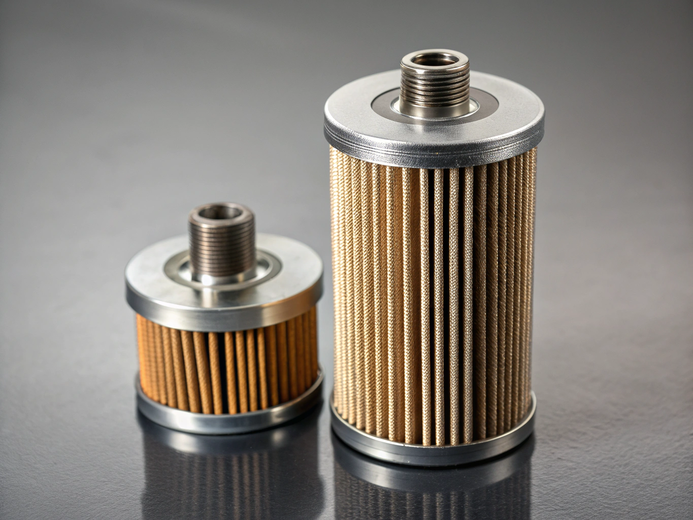 Metal canister inline automotive fuel filter with threaded brass connections