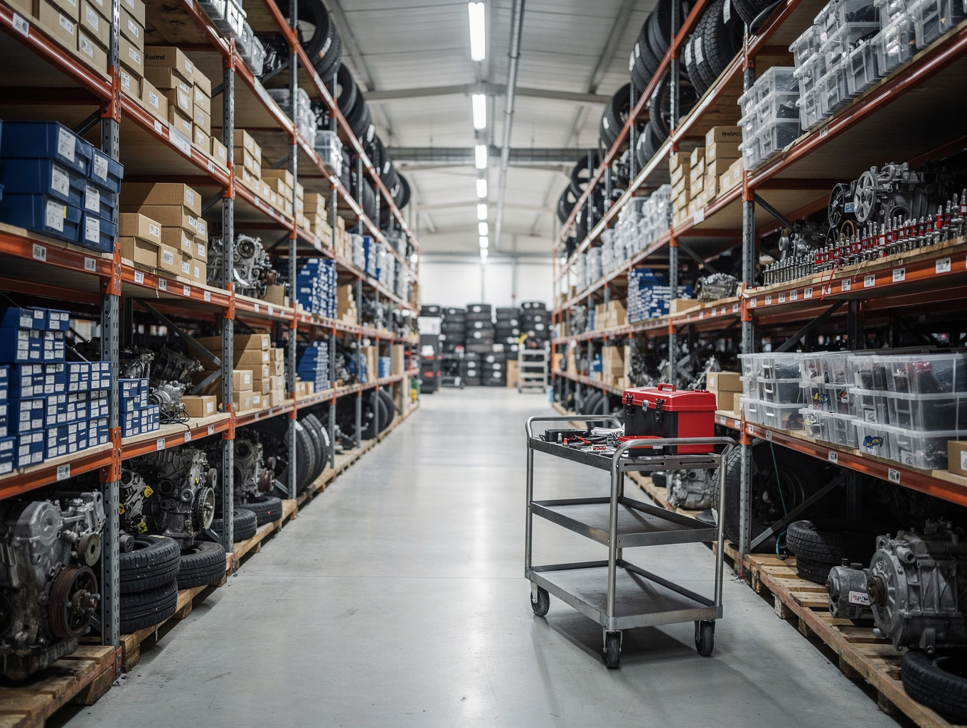 MotorEdge Technologies organized parts facility with labeled steel racks and fuel-system components