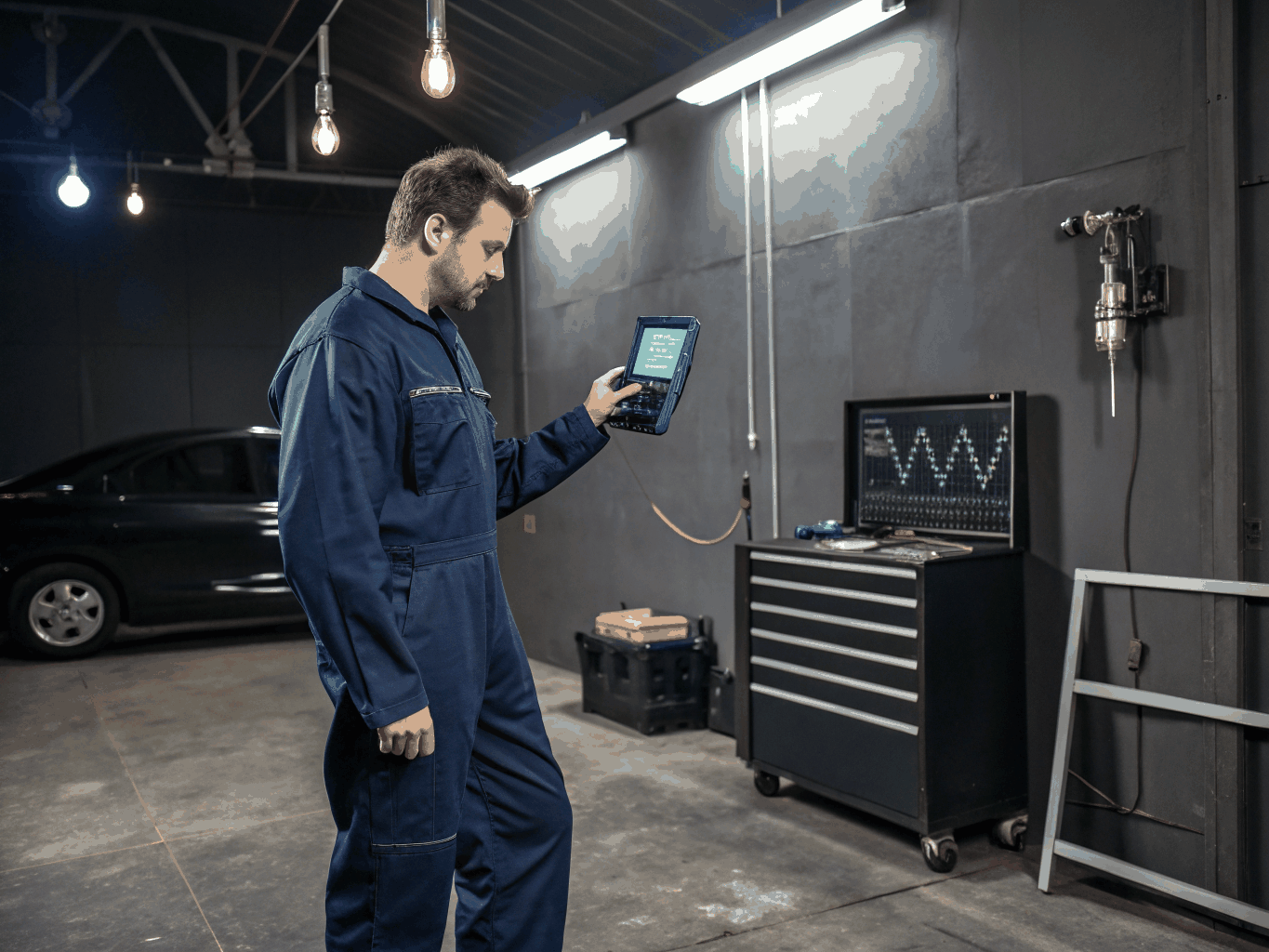 Technician using a handheld diagnostic scanner under vehicle hood